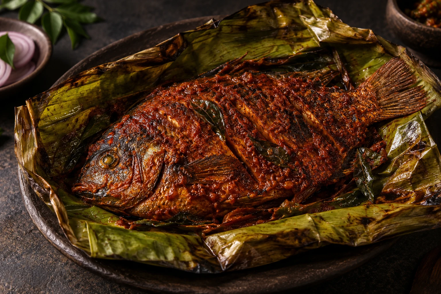 Illustrative karimeen pollichathu wrapped in banana leaf