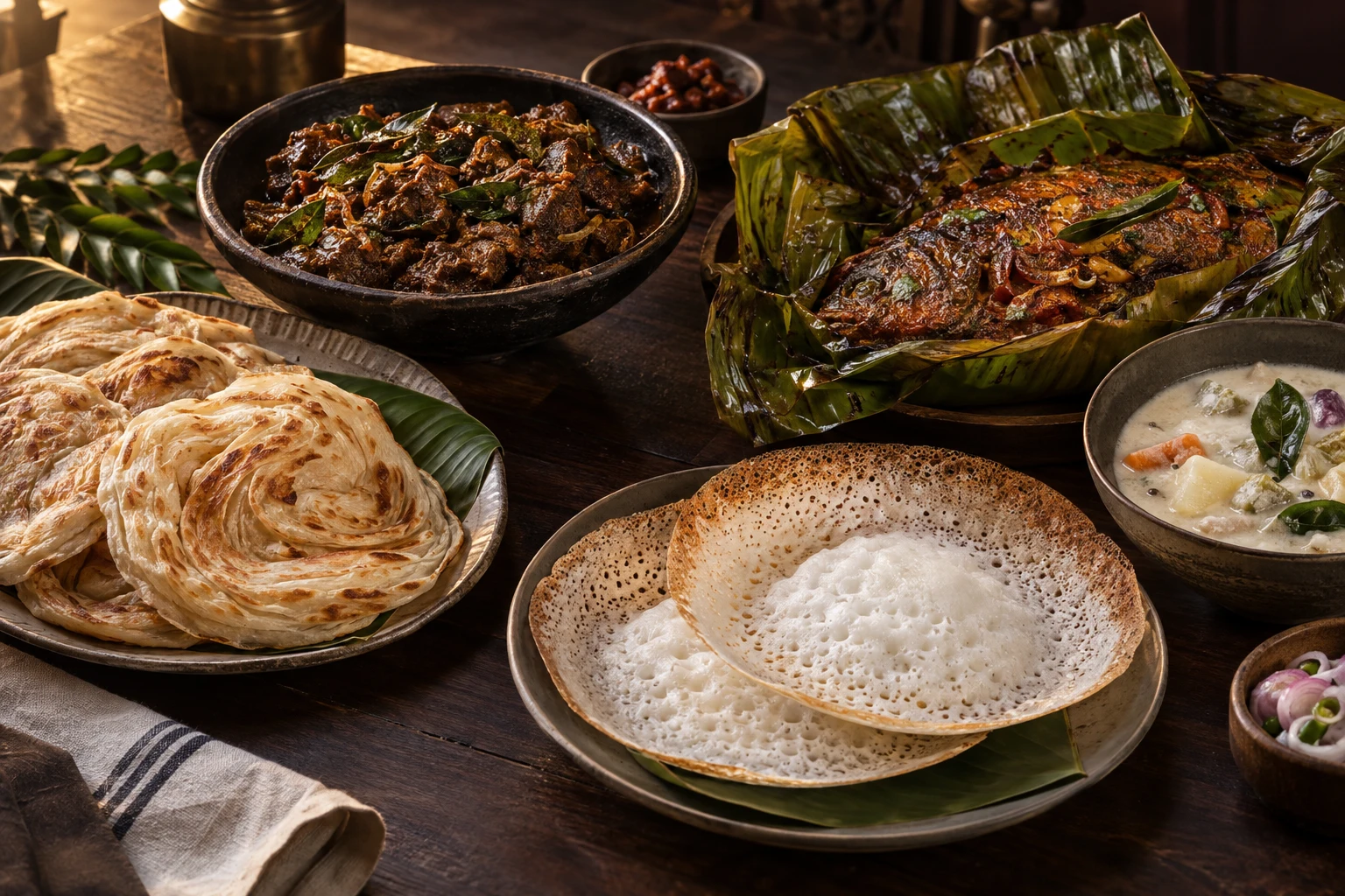 Illustrative Kerala feast with porotta, appam and traditional curries