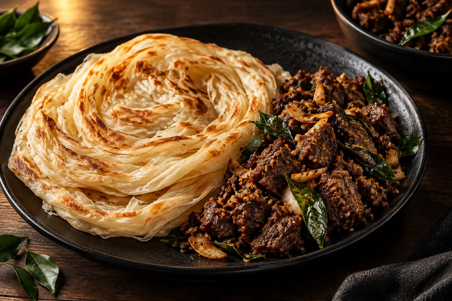 Illustrative Malabar porotta and beef coconut fry