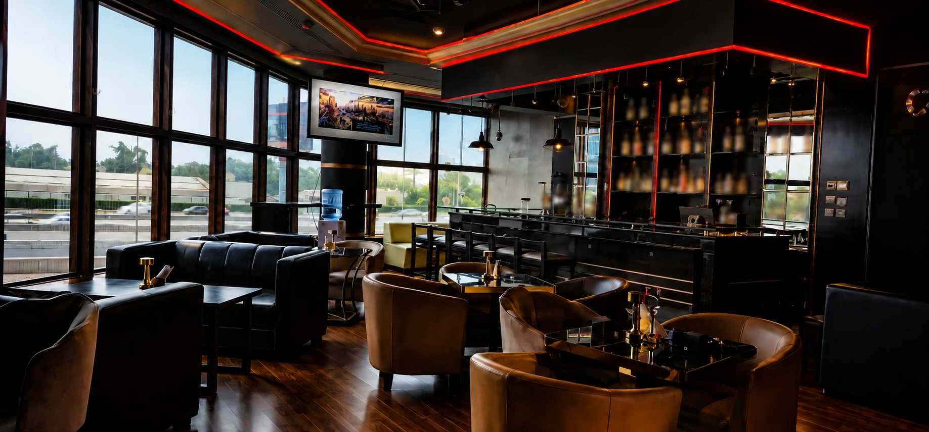 Lounge seating and red ceiling lighting at Thamburu Sports Bar & Lounge